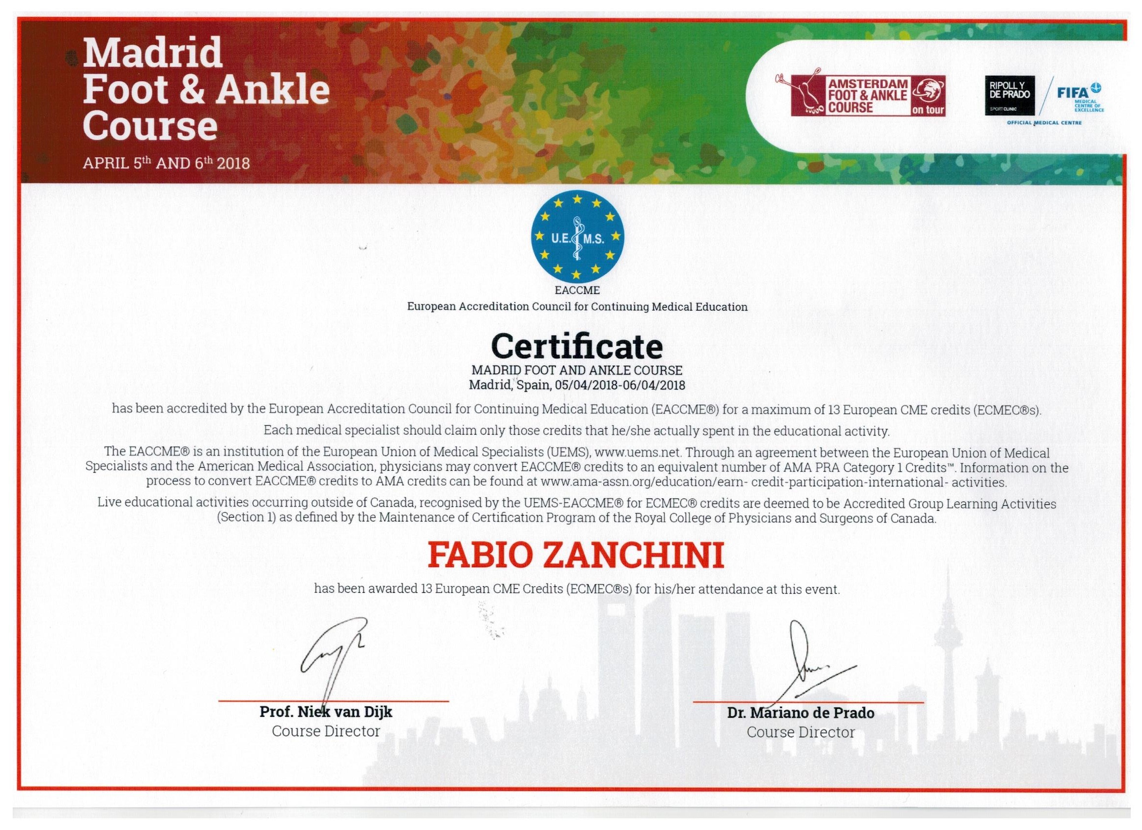 Prof Dott fabio zanchini - certificate madride foot and ankle course - Spain